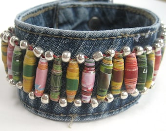 Large Boho Cuff with Colorful Paper Beads, Made from Recycled Jeans, for Men or Women
