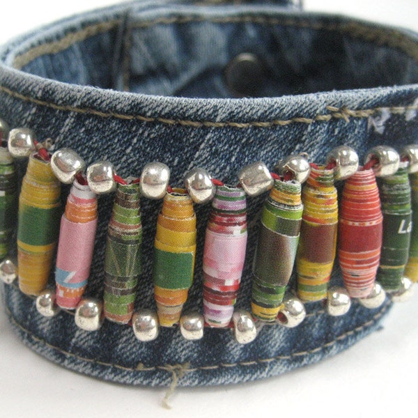 Large Boho Cuff with Colorful Paper Beads, Made from Recycled Jeans, for Men or Women