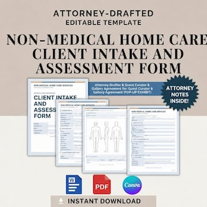 Puede incluir: Una plantilla editable de formulario de admisión y evaluación para atención domiciliaria no médica, redactada por un abogado. El conjunto incluye páginas con campos de texto y diagramas corporales, con una estrella azul que dice ATTORNEY NOTES INSIDE!