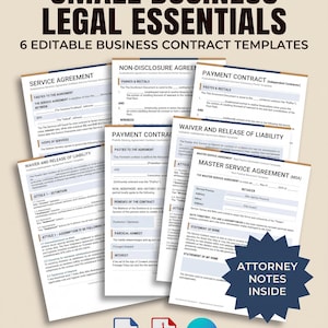 Puede incluir: Una colección de seis plantillas de contratos comerciales editables tituladas Small Business Legal Essentials. Los documentos incluyen Service Agreement, Non-Disclosure Agreement, Payment Contract y Waiver and Release of Liability. Incluye Attorney Notes Inside.