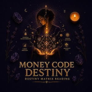 May include: A digital graphic featuring a person with glowing golden geometric lines and numbers, surrounded by lavender sprigs, amethyst crystals, and a lit candle. Text reads: MONEY CODE DESTINY, DESTINY MATRIX READING, FINANCIAL BLOCKS DISSOLVED, TALENTS ACTIVATED, CAREER DIRECTION, ABUNDANCE FLOW.