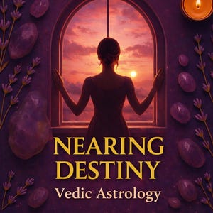May include: A silhouette of a person facing a sunset through an arched window, surrounded by lavender sprigs, purple crystals, and a lit candle. The text reads NEARING DESTINY Vedic Astrology in gold lettering against a deep purple background.