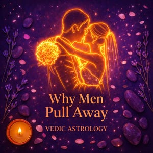 Puede incluir: Ilustración iluminada de una pareja abrazándose, con un ramo de flores, sobre un fondo púrpura estrellado. El texto dice "Why Men Pull Away" y "Vedic Astrology". Lavanda y piedras rodean a la pareja.