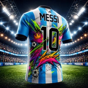 May include: A light blue and white striped football shirt with the name "MESSI" and the number "10" on the back. The shirt features colourful graffiti-style graphics and football designs. The shirt is displayed on a green pitch.