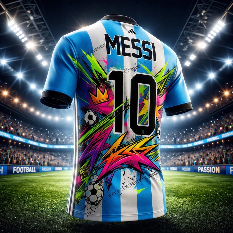 May include: A light blue and white striped football shirt with the name "MESSI" and the number "10" on the back. The shirt features colourful graffiti-style graphics and football designs. The shirt is displayed on a green pitch.