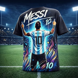 Puede incluir: Camiseta negra con un gr&aacute;fico de un jugador de f&uacute;tbol con la camiseta de Argentina, con "MESSI" y el n&uacute;mero "10". El dise&ntilde;o incluye llamas coloridas y focos de estadio. El fondo es un estadio.
