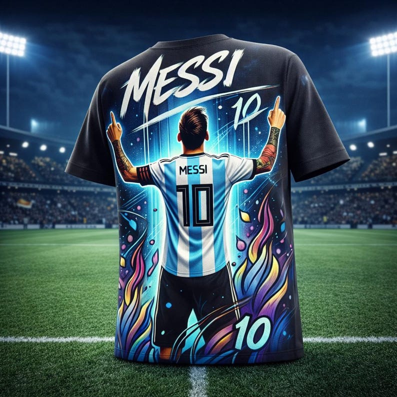 Puede incluir: Camiseta negra con un gr&aacute;fico de un jugador de f&uacute;tbol con la camiseta de Argentina, con "MESSI" y el n&uacute;mero "10". El dise&ntilde;o incluye llamas coloridas y focos de estadio. El fondo es un estadio.
