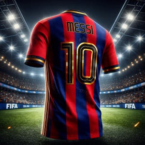 May include: A red and blue striped football shirt with the name "MESSI" and the number "10" in gold lettering. The shirt has gold trim on the sleeves and collar. The background shows a football pitch and stadium.