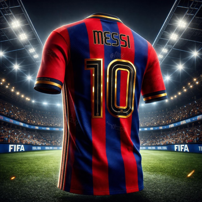 May include: A red and blue striped football shirt with the name "MESSI" and the number "10" in gold lettering. The shirt has gold trim on the sleeves and collar. The background shows a football pitch and stadium.