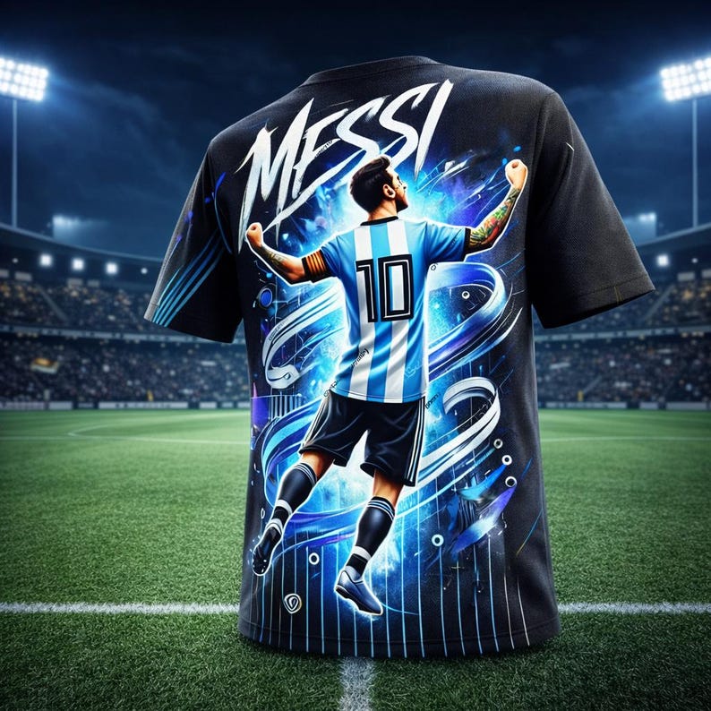 Puede incluir: Camiseta negra con un gr&aacute;fico de un jugador de f&uacute;tbol con una camiseta a rayas azules y blancas, n&uacute;mero 10. La palabra "MESSI" est&aacute; en blanco en la espalda. El dise&ntilde;o incorpora efectos de remolino azules y blancos, sobre un fondo de estadio. Ropa deportiva.