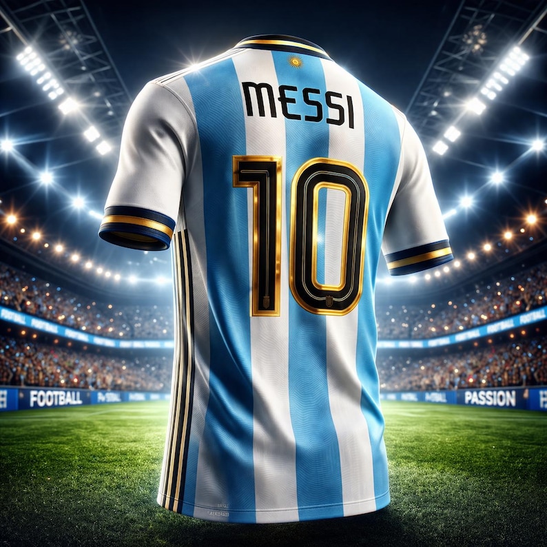 May include: Argentina football shirt with blue and white stripes, the number 10, and the name MESSI on the back. The jersey has gold trim and is displayed on a green pitch with stadium lights in the background.