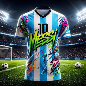 May include: A football shirt with light blue and white vertical stripes, displaying the name "MESSI" in neon green and yellow, and the number "10" in black. The shirt has colourful abstract paint splatters and is on a green pitch.