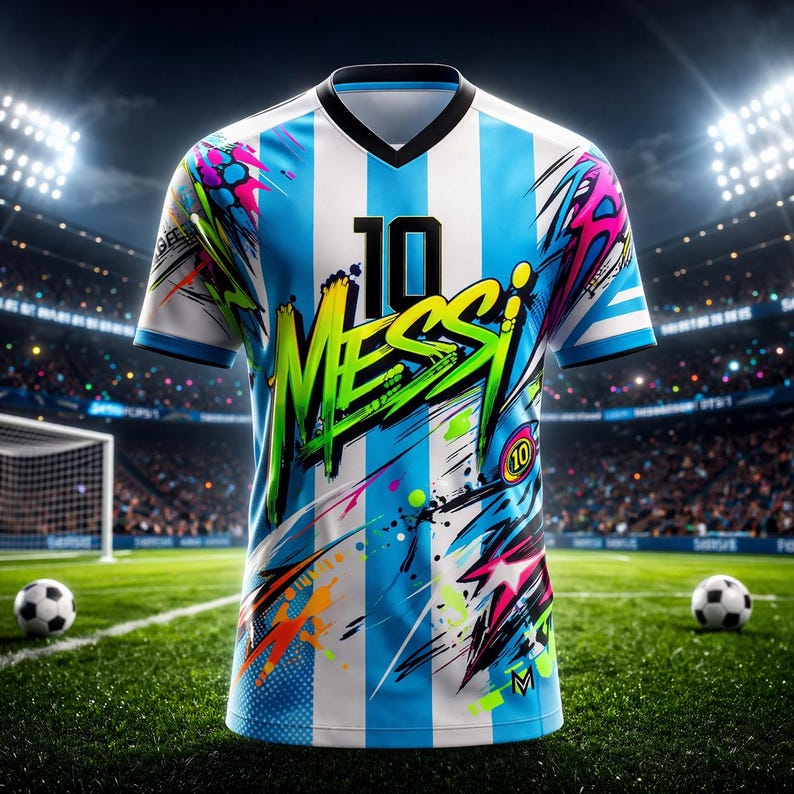 May include: A football shirt with light blue and white vertical stripes, displaying the name "MESSI" in neon green and yellow, and the number "10" in black. The shirt has colourful abstract paint splatters and is on a green pitch.