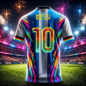 May include: A football shirt in blue and white, with "MESSI" and the number "10" in neon. The shirt has a central white stripe and colourful accents. The background shows a football stadium with fireworks.