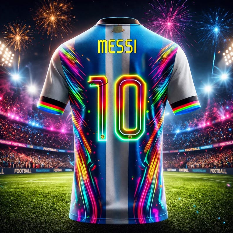 May include: A football shirt in blue and white, with "MESSI" and the number "10" in neon. The shirt has a central white stripe and colourful accents. The background shows a football stadium with fireworks.