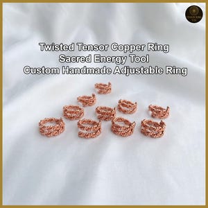 May include: Copper rings with a twisted design are displayed on a white surface. The rings are handmade and adjustable. Text on the image reads: "Twisted Tensor Copper Ring, Sacred Energy Tool, Custom Handmade Adjustable Ring."