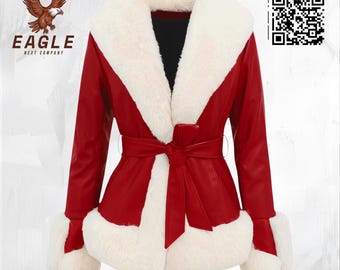 May include: A red jacket with white faux fur trim on the collar, cuffs, and hem. The jacket has a matching red belt that ties at the waist. The jacket is from the Eagle Next Company.