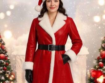 Handmade Red Leather Christmas Coat | Festive Holiday Jacket | Winter Party Outerwear