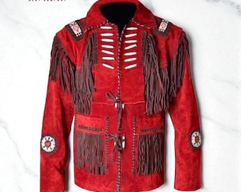 May include: A red suede jacket with brown fringe and decorative stitching. The jacket features a notched collar, two front pockets, and decorative patches. The Eagle Next Company logo is in the upper left corner.