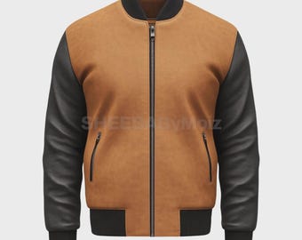 Tan & Black Wool Bomber Jacket for Men | Stylish Winter Casual Coat | Warm Outerwear