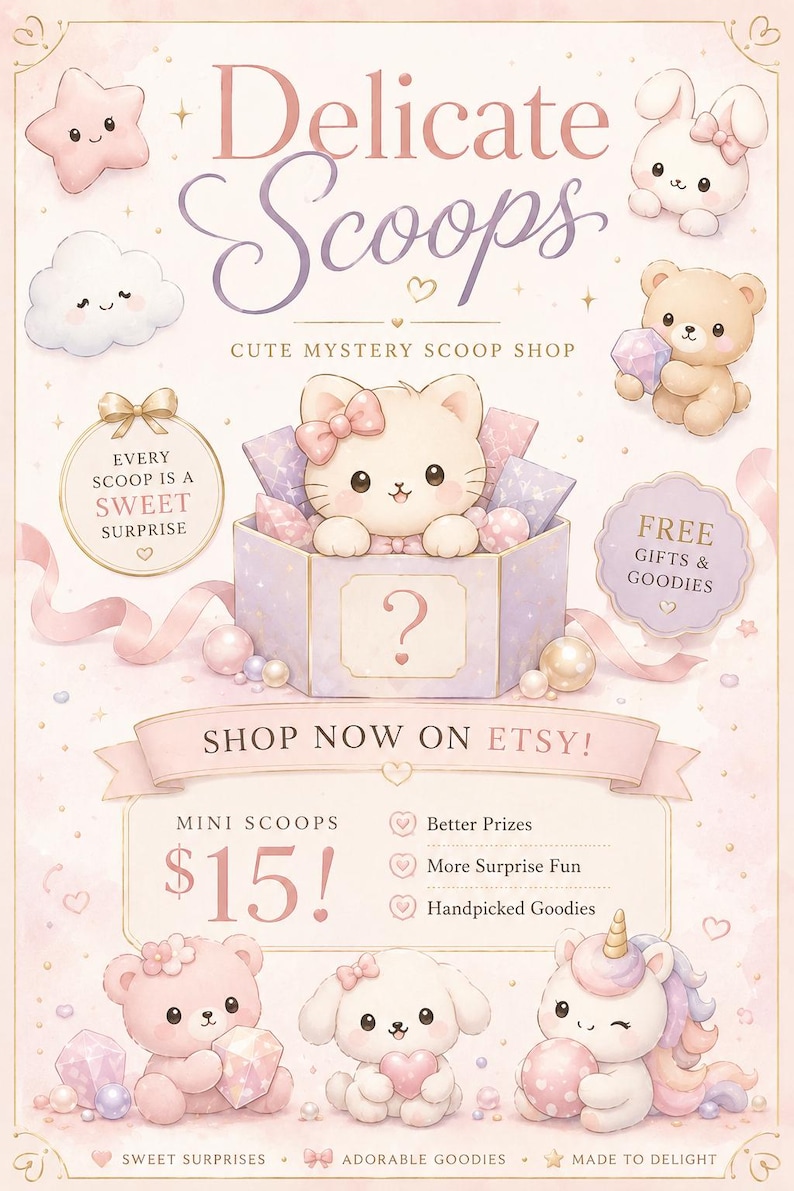 May include: A pastel-colored advertisement for "Delicate Scoops," a mystery scoop shop. The image features cute illustrations of animals, stars, and clouds. Text includes "Shop Now on Etsy!" and "Free Gifts & Goodies."