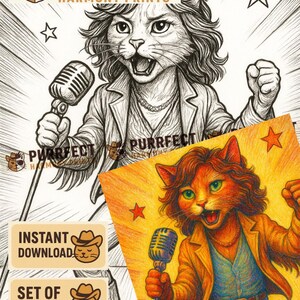 Könnte beinhalten: Schwarz-Weiß- und Farbillustrationen einer Katze, die in ein Mikrofon singt. Die Illustrationen sind mit "Purrfect Harmony Prints" beschriftet. Das Bild enthält auch den Text "Sofort-Download" und "Set von 5".