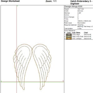 May include: An embroidery design of angel wings, featuring detailed feather patterns. The design is outlined in a brown color, with the text "Design: Wings.XXX" and technical specifications including dimensions of 102.7 mm height and 84.6 mm width.