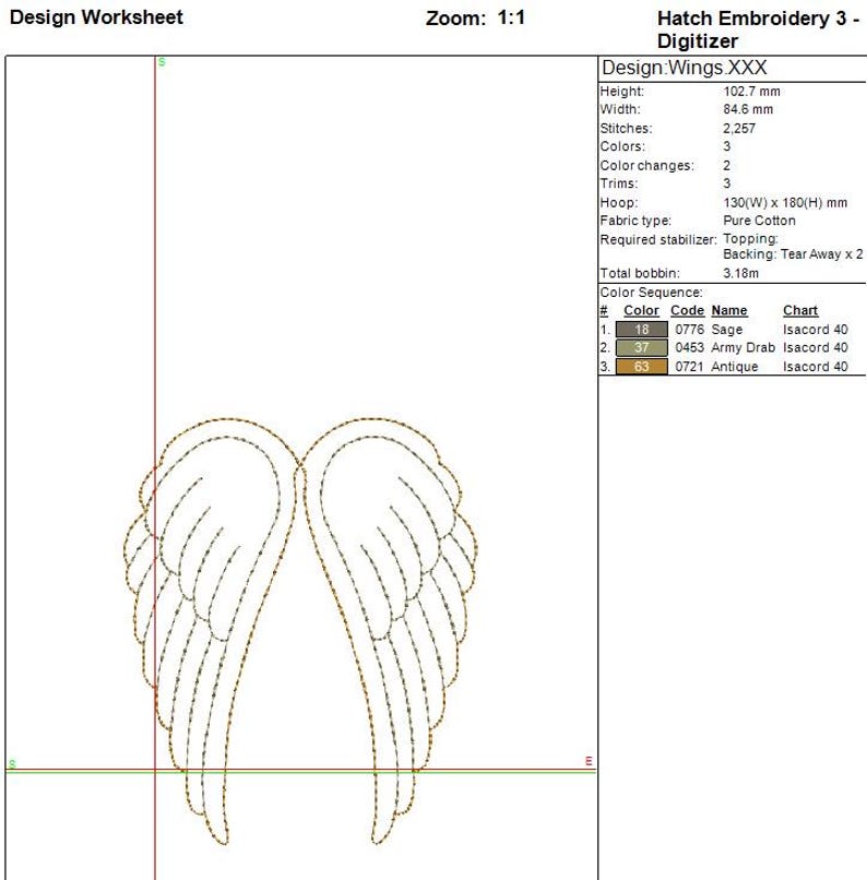 May include: An embroidery design of angel wings, featuring detailed feather patterns. The design is outlined in a brown color, with the text "Design: Wings.XXX" and technical specifications including dimensions of 102.7 mm height and 84.6 mm width.