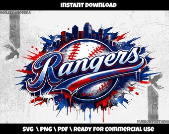 Rangers SVG Design / Grafica della squadra di baseball / Pacchetto di file di taglio Cricut per sport - PNG, SVG / Vettore / Maglietta stampabile / Design di taglio