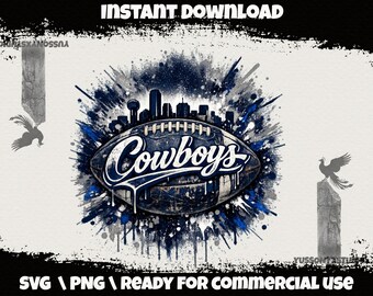 May include: A digital graphic design featuring a football with the word Cowboys written in white script across the center. The design includes a city skyline silhouette, blue and grey paint splatter effects, and two bird silhouettes on pillars.