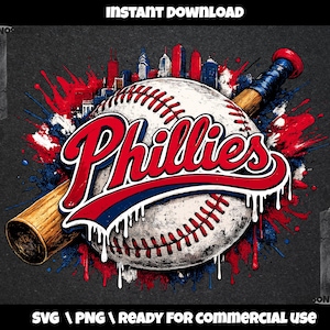 May include: A baseball-themed graphic featuring a baseball with the word "Phillies" in red and blue, a baseball bat, and a cityscape silhouette. The design incorporates red, white, and blue paint splatters on a dark gray background.