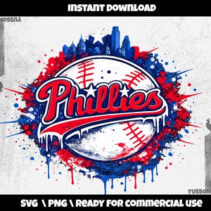 May include: A digital graphic featuring a baseball with the word "Phillies" in red and white, set against a red, white, and blue splatter design. The image includes a cityscape and stars, with the text "INSTANT DOWNLOAD" at the top.