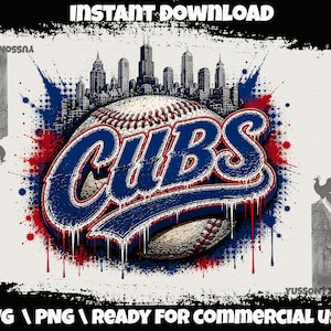 Puede incluir: Un diseño gráfico digital que presenta una pelota de béisbol con costuras rojas, superpuesta con el texto azul CUBS en una fuente negrita. Sobre la pelota hay una silueta de horizonte urbano negro. El diseño incluye salpicaduras de pintura.