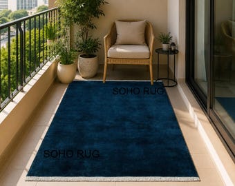 Solid Teal Hand-Knotted Wool Rug - Modern Minimalist Area Rug.