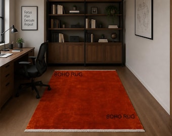 Alfombra de lujo color naranja quemado con brillo de seda – Alfombra de área de lana color óxido maciza tejida a mano