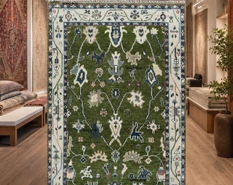 Vintage Inspired Green Oushak Rug - Hand Knotted Sage & Ivory Wool Rug.