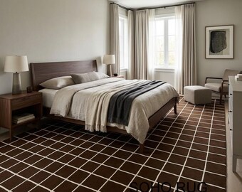 Modern Dark Chocolate Grid Rug - Minimalist Checkerboard Hand Tufted Wool Area Rug.