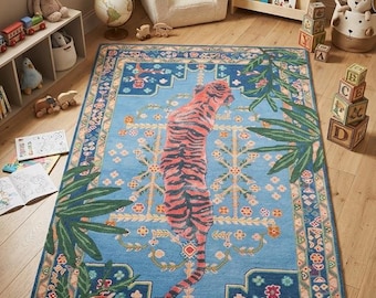 Tappeto in lana blu tigre trapuntato a mano - Tappeto con motivo animale della giungla tropicale.