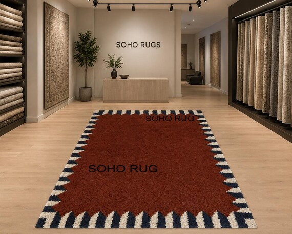 Earthy Terracotta Rust, Midnight Navy/Black, and Soft Cream Hand Tufted Wool Rug.