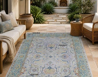 Hand Knotted Oushak Rug - Pastel Vintage Turkish Floral Area Rug.