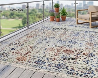 Tappeto vintage in stile persiano effetto invecchiato - Motivo a medaglione multicolore blu e ruggine.