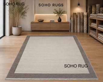 Hand Knotted Rug - Minimalist Border Area Rug - Cream & Taupe Modern Rug.