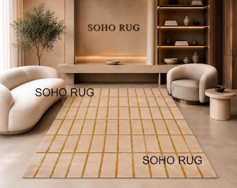 Tappeto in lana trapuntato a mano - Moderno tappeto a griglia beige e oro.