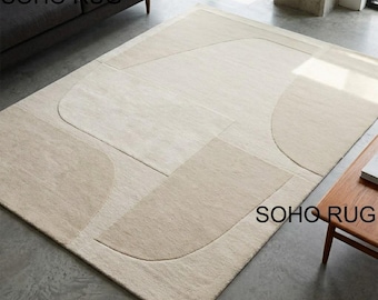 Tappeto dai toni neutri e delicati - Tappeto con arte astratta contemporanea - Grande tappeto beige in lana trapuntato a mano.