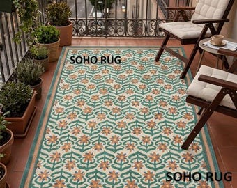 Alfombra de lana floral tejida a mano - Alfombra botánica verde y terracota.