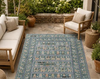 Hand-Knotted Teal Oushak Rug with Animal Motifs, Whimsical Pictorial Wool Area Rug.