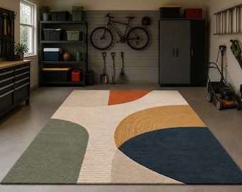 Dywan wełniany z ręcznie tkaną tkaniną w stylu Mid-Century Modern, abstrakcyjny geometryczny dywan do salonu