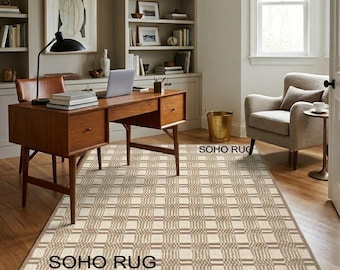 Neutral Checkered Hand Tufted Wool Area Rug - Contemporary Plaid Floor Decor Rug.