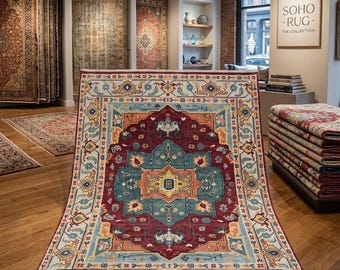 Hand-Knotted Heriz Oriental Rug, 8x10 Large Red & Blue Medallion Carpet.
