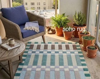 Hand-Tufted Geometric Wool Rug – Modern Checkered Stripe Area Rug